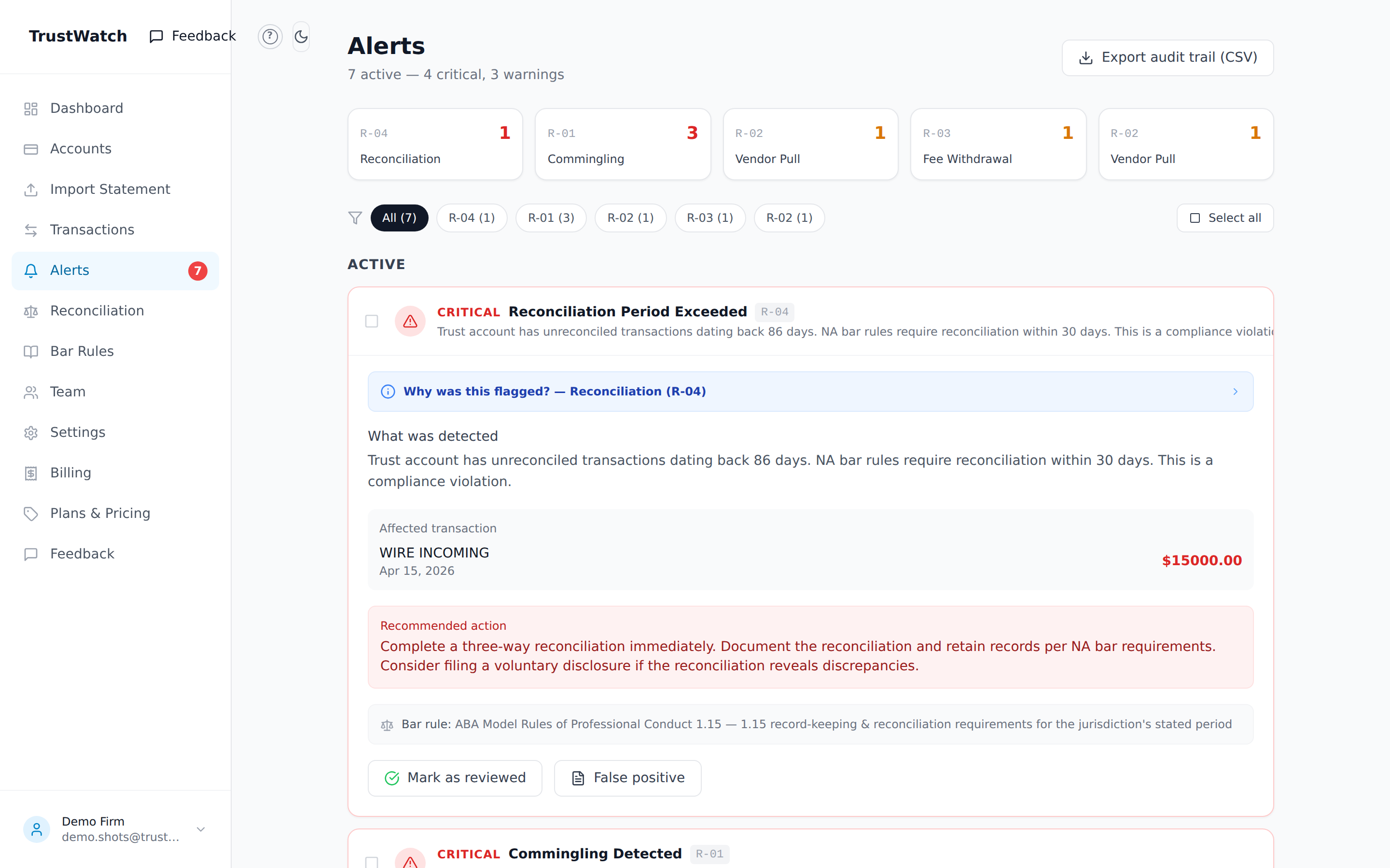 TrustWatch alerts list — each alert shows severity, the affected transaction, and its bar-rule citation